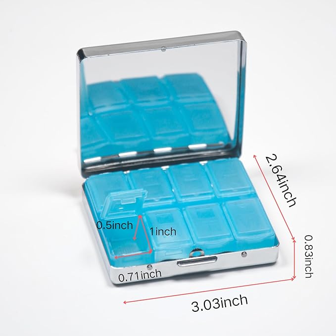 Silver Vintage Pill Box 7 Day Metal Pill Box with Mirror and 8 Compartments Cute Travel Pill Organizer for Purse (Stained Glass Flowers)