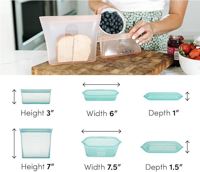Zip Top Reusable Food Storage Bags | 2 Bag Set [Teal] | Silicone Meal Prep Container | Microwave, Dishwasher and Freezer Safe | Made in the USA