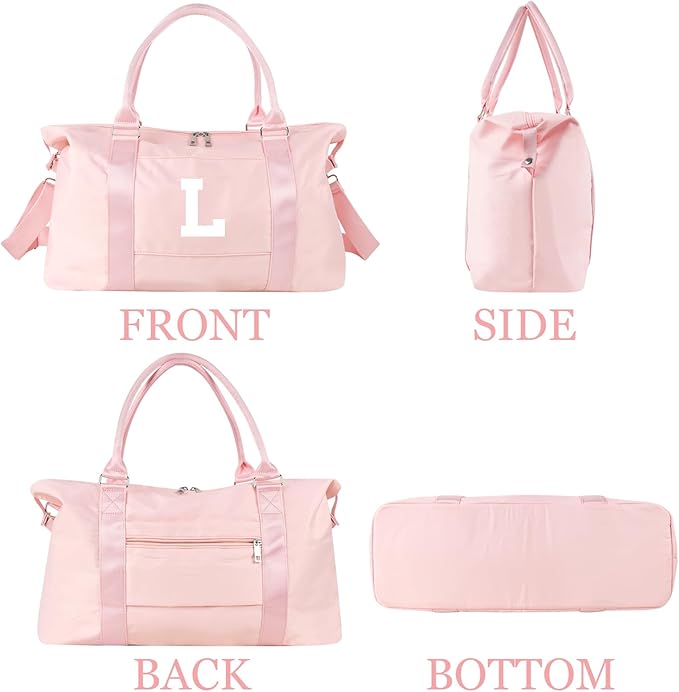 Initial Travel Duffel Bag Sports Gym Bag for Girls Teen Birthday Gifts,Pink Personalized Weekender Bag Carry On Tote Bags for Women Men,Waterproof Overnight Luggage Bag with Trolley Sleeve(Letter L)