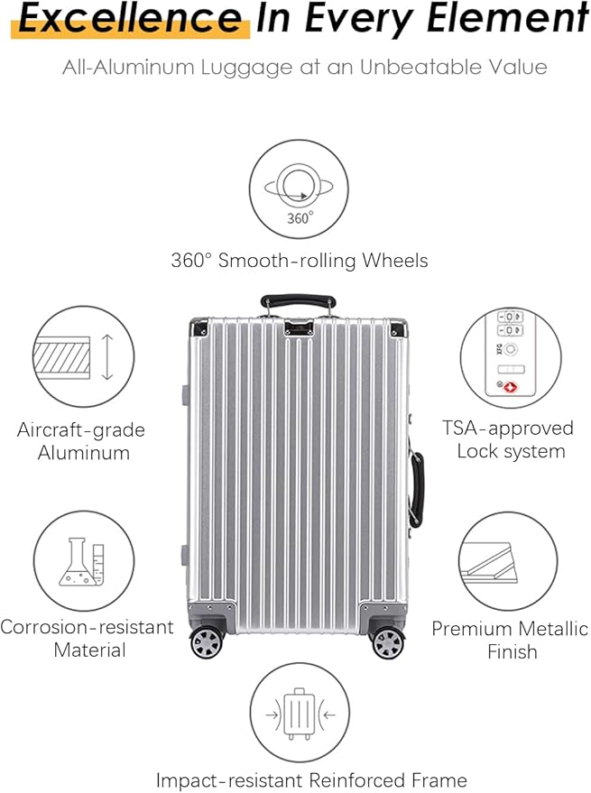 HotWay 28 Inch All Aluminum Checked in Luggage with Leather Handle, Hard Shell Zipperless Suitcase with TSA Locks and Spinner Wheels, Large Luggage for Business Travel, Silver