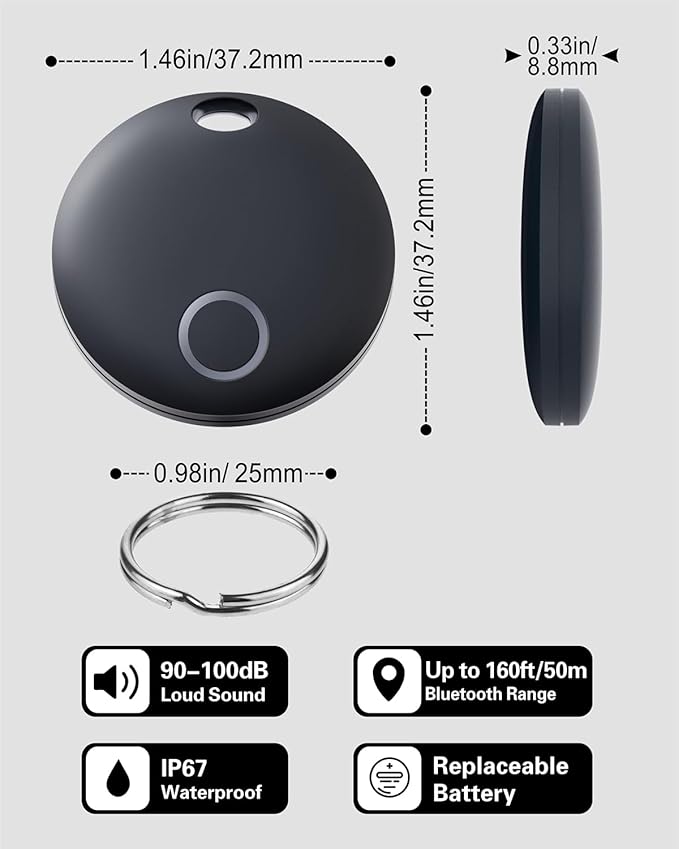 Reyke Smart Tag, Bluetooth Luggage Tracker, Works with Apple Find My (iOS Only), Item Locator for Key, Luggage, Backpack, Wallet, IP67 Waterproof, 4 Pack, Black+White