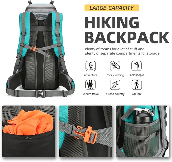 King'sGuard 60L Hiking Backpack Large Waterproof Camping Backpack for Men and Women Lightweight Frameless Backpacking Backpack with Rain Cover (Lake Blue)