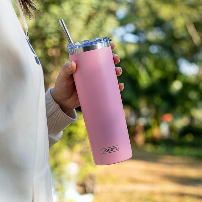 koodee 20 oz Tumbler with Lid and Straw-2 Pack Stainless Steel Insulated Coffee Tumbler Cup, Beach Cup Mug for Women/Men Diy Birthday Gift (Sky Blue-Pink)