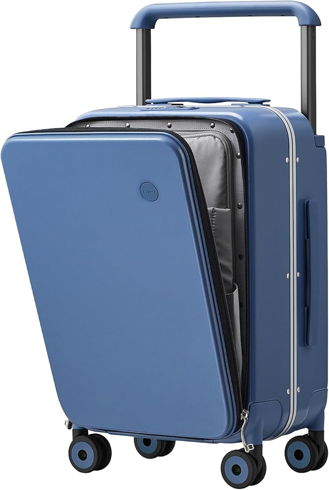 mixi Carry On Luggage Wide Handle Luxury Design Rolling Travel Suitcase PC Hardside with Aluminum Frame Hollow Spinner Wheels, with Cover, 20 inch, Sapphire Blue