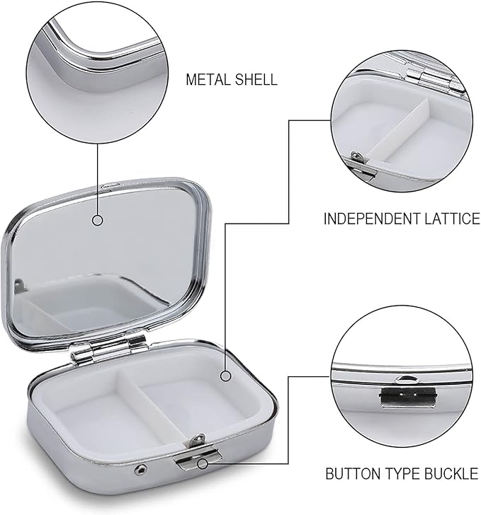 Metal 2 Compartment Pill Organizer Travel Friendly Portable Compact Pill Box Cute Pill Case to Hold Vitamins,Fish Oil,Supplements,Meds,Tablet for Purse,Pocket. (Dark Stage)