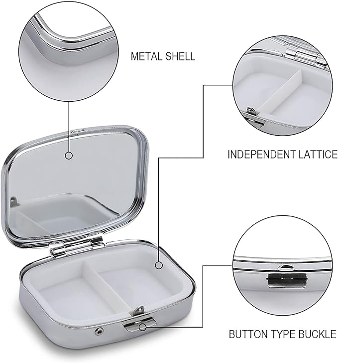 Metal 2 Compartment Pill Organizer Travel Friendly Portable Compact Pill Box Cute Pill Case,for Pocket Wallets Daily Portable Medicine Vitamin Tablet Storage (The Dark Night)