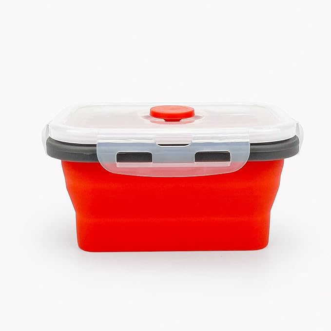 CCyanzi 3piece Collapsible Food Storage Containers with Lids, Silicone Lunch Container, Microwave & Freezer Safe, Space Saving for Kitchen Cabinet and Camping Backpack,(red gray)