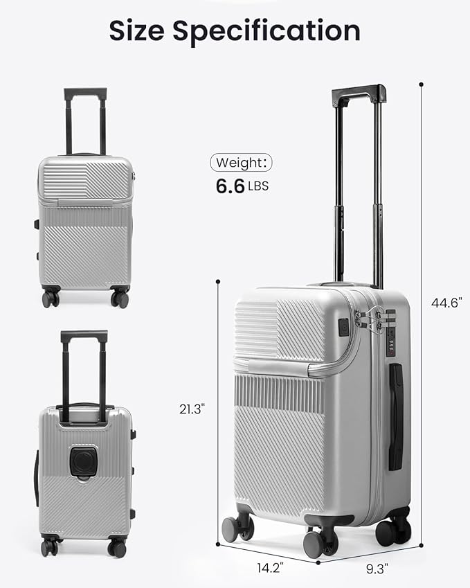 UrbanExplorer 20 Inch Carry-On Luggage with Front Opening, Cup Holder & USB Port, Lightweight ABS+PC Hardshell Spinner Suitcase, Airline Approved, 360° Wheels, Dark Green