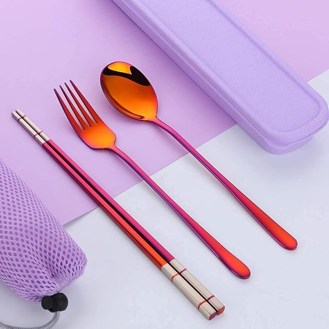 3 PCS Outdoor Flatware Set Fork Spoon Chopsticks/Travel Flatware Set with a Case, Red