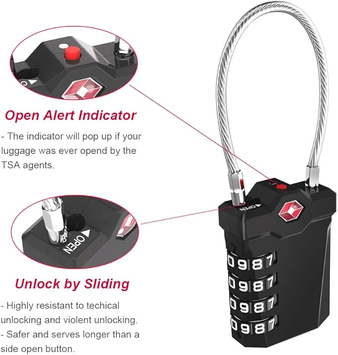 ZHEGE TSA Approved Lock, 4 Digit Cable Luggage Lock, Travel Lock with White Number, Flexible TSA Cable Lock for Suitcase, Gym Locker, School Locker, Easy to Read (1 Pack, Sliver)