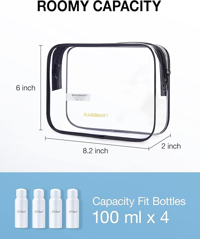BAGSMART Clear Toiletry Bag, 3 Packs TSA Approved Water Resistant Quart Size Travel Organizer, Airport Airline Travel Essential Carry On Makeup Cosmetic Bags for Women, White