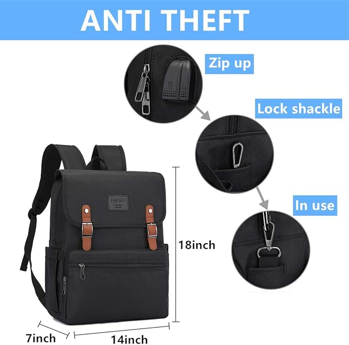 HFSX Laptop Backpack Men Women Vintage Backpack Bookbag College Backpacks Stylish Backpack Black Fits 15.6 Inch Laptop