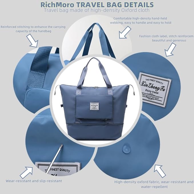 Large Capacity Foldable Travel Bag, Expandable lightweight Carry on Bag, Dry with Wet Separation Spor Duffel Bags