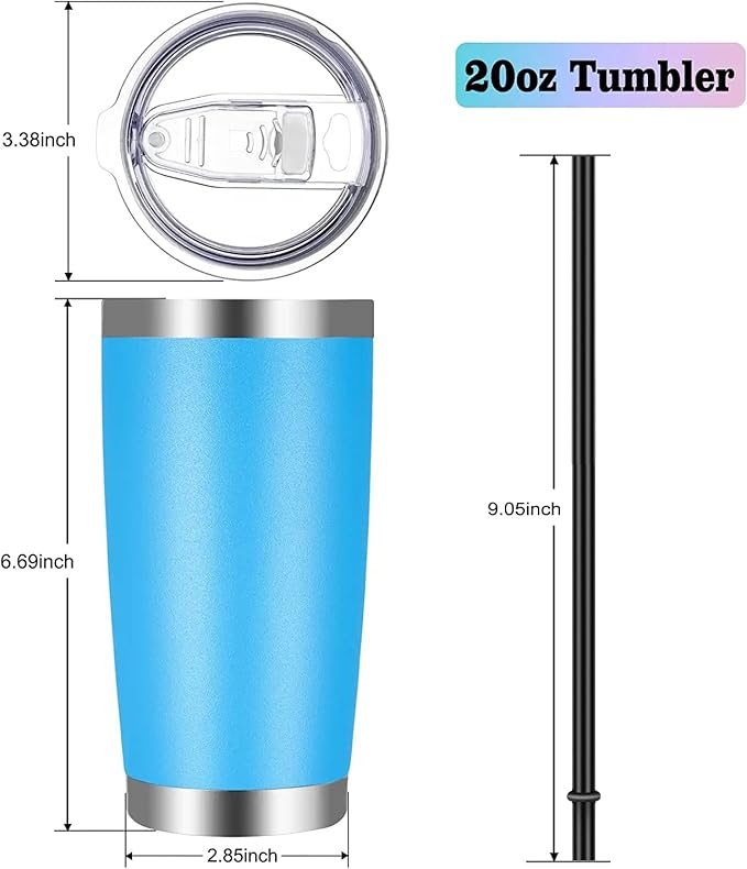 VEGOND 20oz Tumbler with Lid and Straw Stainless Steel Tumbler Cup Bulk Vacuum Insulated Double Wall Travel Coffee Mug Powder Coated Coffee Cup(Sky Blue 12 Pack