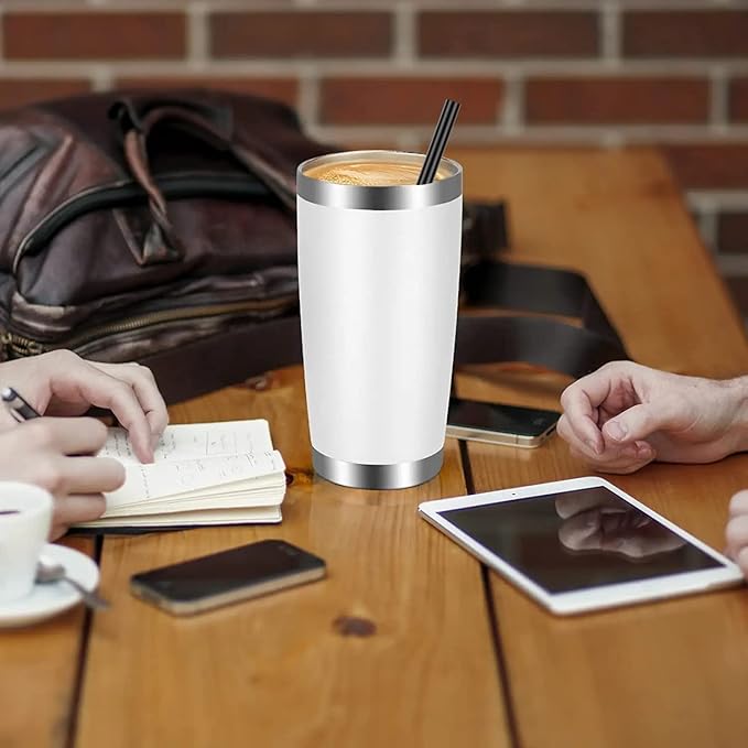 VEGOND 20oz Tumbler with Lid and Straw Stainless Steel Tumbler Cup Vacuum Insulated Double Wall Travel Coffee Mug Powder Coated Coffee Cup(White 1 Pack)
