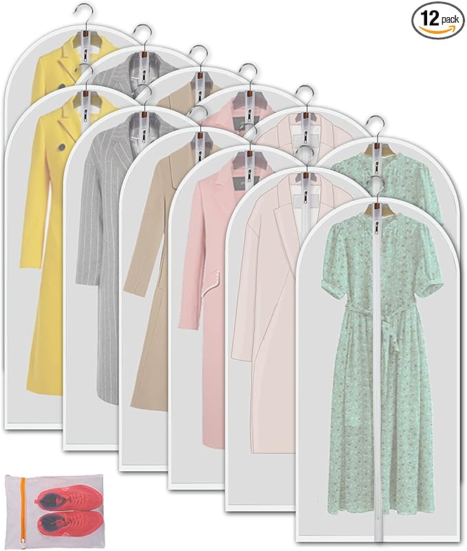 Clear Garment Bags Hanging Clothes Bags (Set of 12) for Closet Storage Plastic Bag with Zipper for Suit, Sweaters Travel Laundry Wardrobe Closet Garment Dust Cover Bags - 24'' x 48''/12 Pack