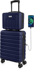 AnyZip 21" Carry On Luggage and 14" Mini Cosmetic Cases Luggage Set Hardside PC ABS Lightweight USB Suitcase with Wheels TSA for kids (2-Piece Set (14/21),DarkBlue)