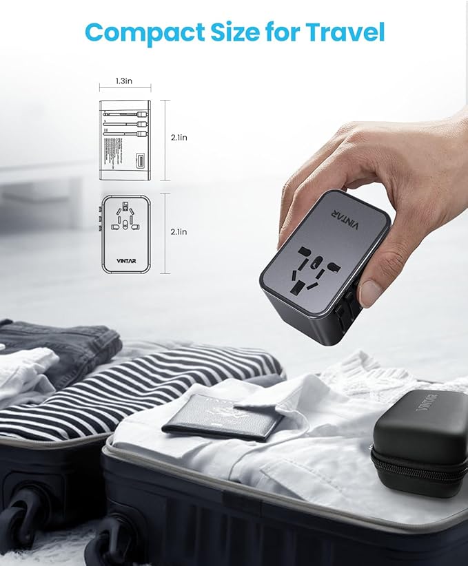 Universal Travel Adapter, VINTAR 75W GaN International Power Adapter with 3 USB-C PD and 2 USB-A QC Charging Ports, All-in-one Outlet Converter Wall Charger for Europe UK USA AUS(Type C/G/A/I), Grey
