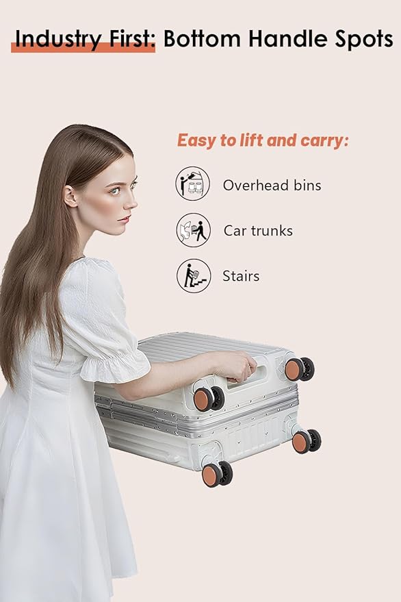 HotWay 24 Inch Hardside Checked Luggage with Leather Handle, PC Zipperless Suitcase with Spinner Wheels and TSA Locks, Lightweight Checked Luggage for Travel, Silver