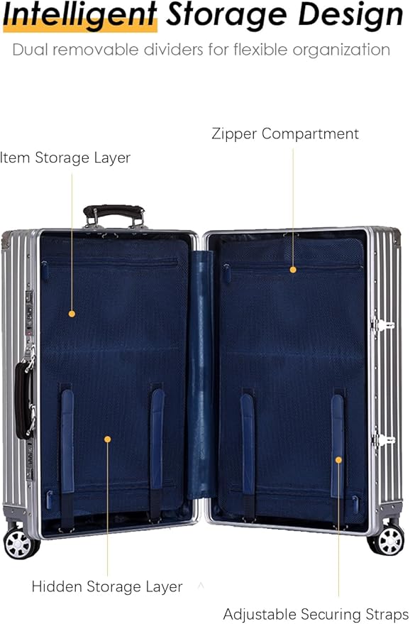HotWay 28 Inch All Aluminum Checked in Luggage with Leather Handle, Hard Shell Zipperless Suitcase with TSA Locks and Spinner Wheels, Large Luggage for Business Travel, Blue