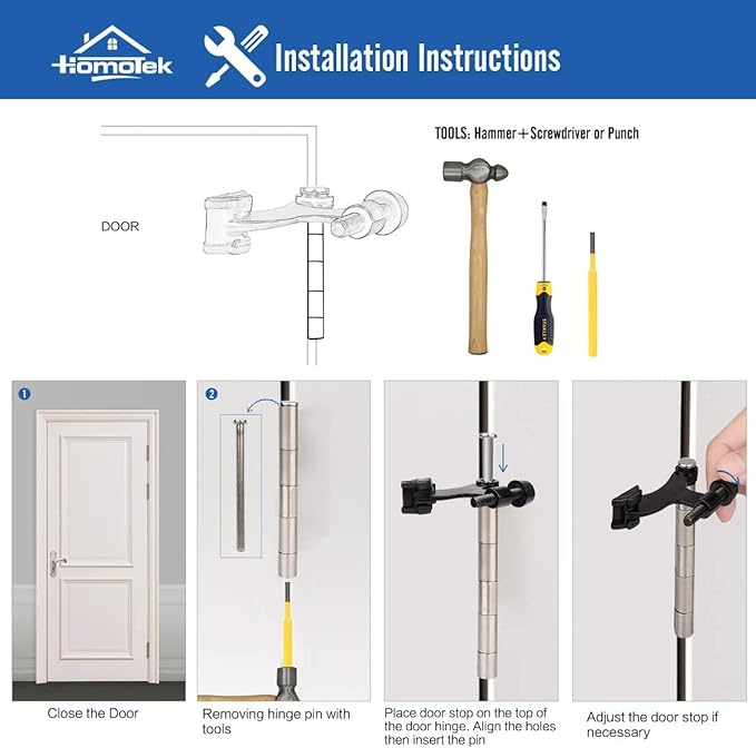 HOMOTEK 12 Pack Hinge Pin Bright Brass Door Stopper, Gold Door Stops, Adjustable Deluxe Heavy Duty Door Stopper 2-1/2"x1-3/4”,with White Rubber Bumper Tips