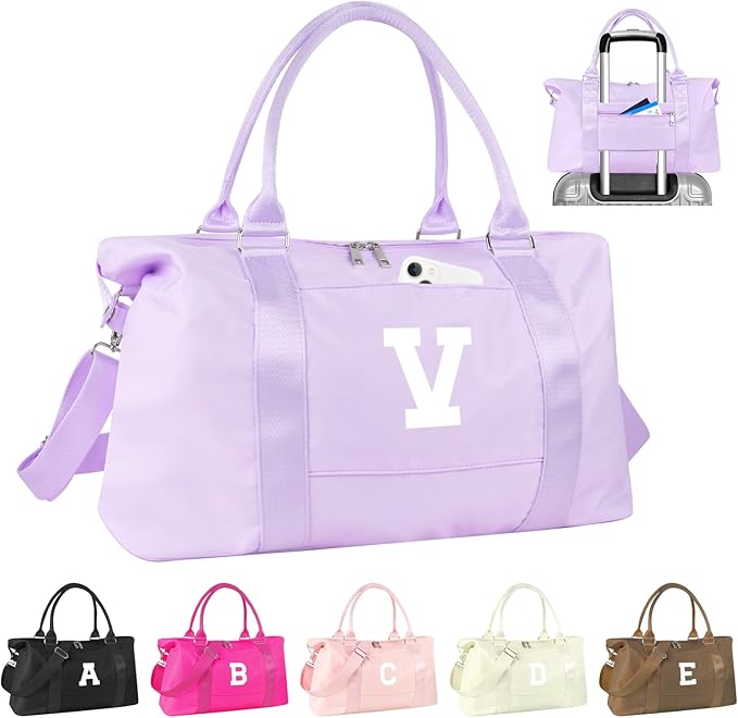 Daughter Niece Gifts for Teen Girl Kids, Initial Travel Duffel Bag Sports Gym Bag Personalized Gifts Weekender Bag，Monogram Overnight Bag Cute Dance Bag Birthday Bridesmaid Gifts for Women(Purple, V)