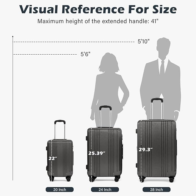 Coolife Luggage Suitcase PC+ABS with TSA Lock Spinner Carry on Hardshell Lightweight 20in 24in 28in(white, S(20in_carry on))