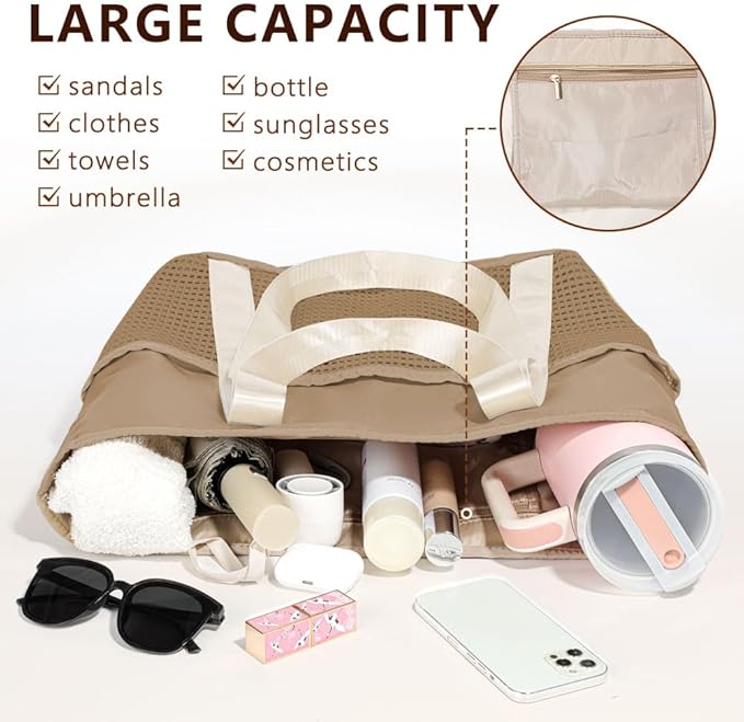 Waterproof Sandproof Beach Bag with Zipper and 6 Pockets - Foldable Lightweight Tote for Pool, Travel