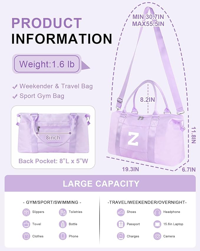 Daughter Niece Gifts for Teen Girl Kids, Initial Travel Duffel Bag Sports Gym Bag Personalized Gifts Weekender Bag，Monogram Overnight Bag Cute Dance Bag Birthday Bridesmaid Gifts for Women(Purple, Z)