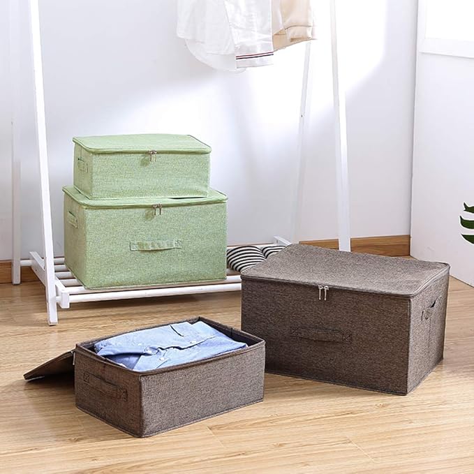 ANMINY 3PCS Storage Bins with Zipper Lids 13 Qt Lidded Fabric Storage Boxes Baskets Cubes with Handles Collapsible Washable Cotton Linen Closet Shelf Clothes Organizer Containers - Coffee, Small