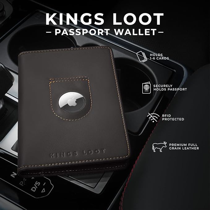Kings Loot Passport Holder Wallet | RFID Protected Leather Travel Wallet with Built-in Trackable Holder | Holds 1-6 Cards & Passport | Slim & Stylish Wallets (Truffle)