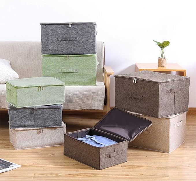 ANMINY 3PCS Storage Bins with Zipper Lids 13 Qt Lidded Fabric Storage Boxes Baskets Cubes with Handles Collapsible Washable Cotton Linen Closet Shelf Clothes Organizer Containers - Green, Small