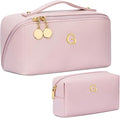 Birthday Gifts for Women Teen Girl, Personalized Initial Makeup Organizer Bag Set, Open Flat Travel Cosmetic Bag With Clear Divider and Handle(Pink,G)