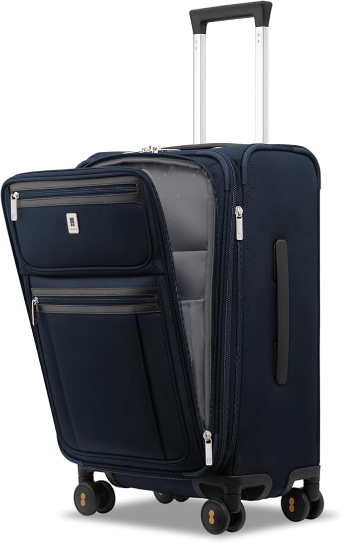 LEVEL8 Carry On Luggage Airline Approved with Compartment, Softside Expandable Rolling Suitcase with Spinner Wheels, Blue, Carry-On 20-Inch