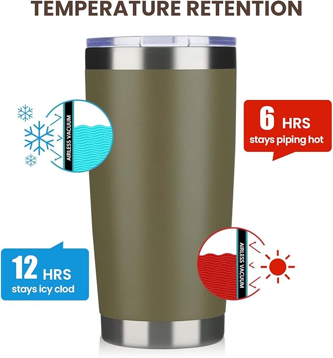 MEWAY 20oz Tumbler 8 Pack Double Wall Vacuum Insulated Travel Mug Bulk, Stainless Steel Tumblers with Lid and Straw, Durable Powder Coated Coffee Cups for Cold & Hot Drinks (Army Green, 8)