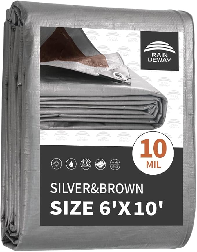 RAINDEWAY Small Tarps Heavy Duty Waterproof 6x10 Feet, 10Mil Multipurpose Poly Tarp Cover with Metal Grommets Camping Tarpaulin, Silver/Brown Tarp Finished Size