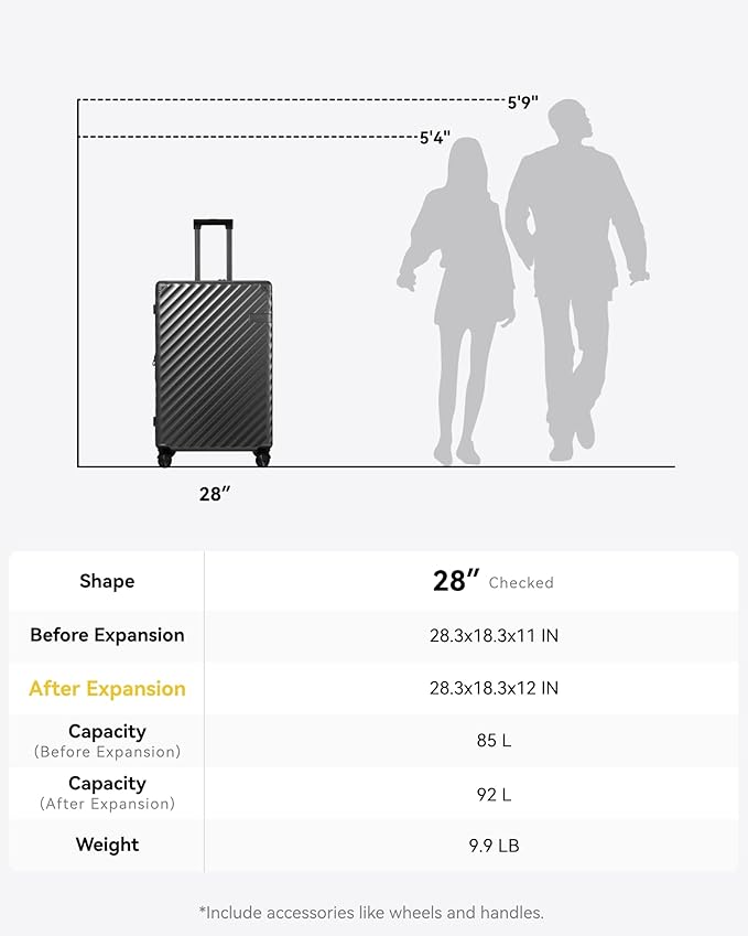 LUGGEX Luggage with Spinner Wheels, Polycarbonate Expandable Hard Shell Suitcase, Checked Large 27 Inch, Charcoal Metallic