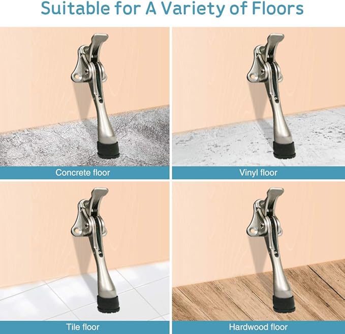 Door Stopper, One-Touch semi-Automatic Metal Door Stopper, with Non-Slip Rubber Tip for Wood, Concrete, Tiled, and Carpeted Floors (4inch x 2pack, Satin Nickel)