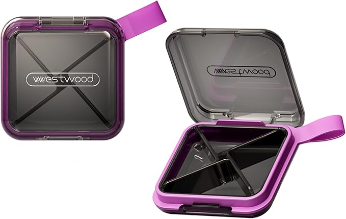 1 Pack Purple Pill Organizer with Strap, 4 Compartments, Compact Travel Pill Box Case, Portable and Moistureproof to Store Vitamins, Medication and Supplements