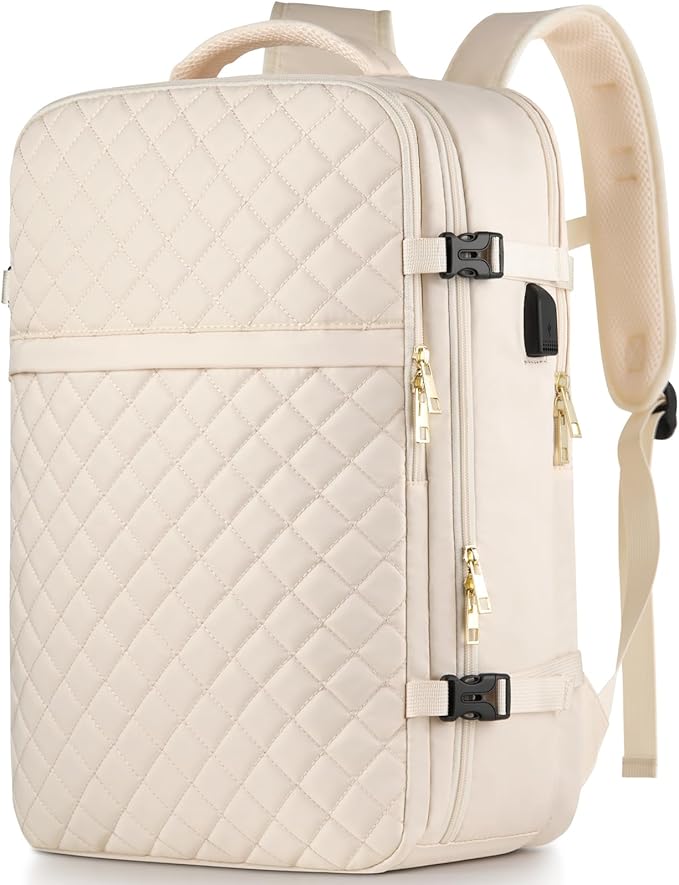 MOMUVO Large Travel Backpack Women, Flight Approved Carry On Backpack, Water Resistant Anti-Theft Large Casual Daypack Fit 17 Inch Laptop with USB Charging Port, Beige