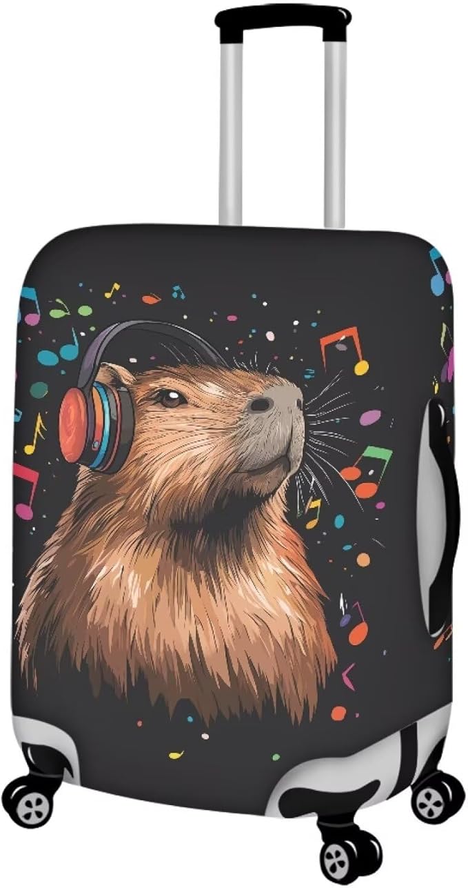 Capybara Luggage Cover Fits 22-25 Inch Luggage Anti-Scratch Spandex Zipper Suitcase Cover Protector Washable Stretchable Travel Baggage Case Cute Travel Essential, Music Note, Size M