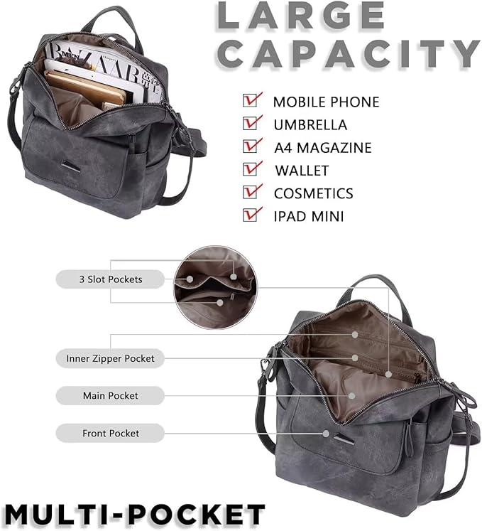 PU Leather Backpack Purse for Women Fashion Multipurpose Design Handbag Ladies Shoulder Bags Travel Backpack Black