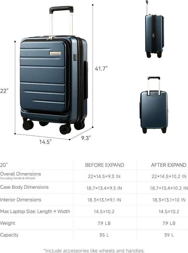 LUGGEX Carry On Luggage 22x14x9 Airline Approved, Expandable Polycarbonate Suitcase with Front Pocket (Blue, 20 Inch, 35L)