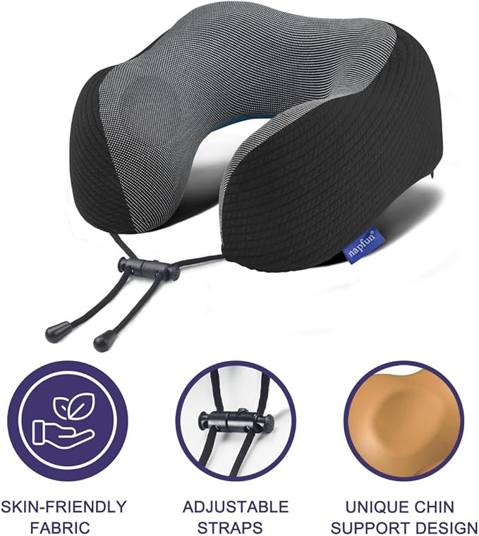 napfun Neck Pillow for Traveling, Upgraded Travel Neck Pillow for Airplane 100% Pure Memory Foam Travel Pillow for Flight Headrest Sleep, Portable Plane Accessories, Striped Black