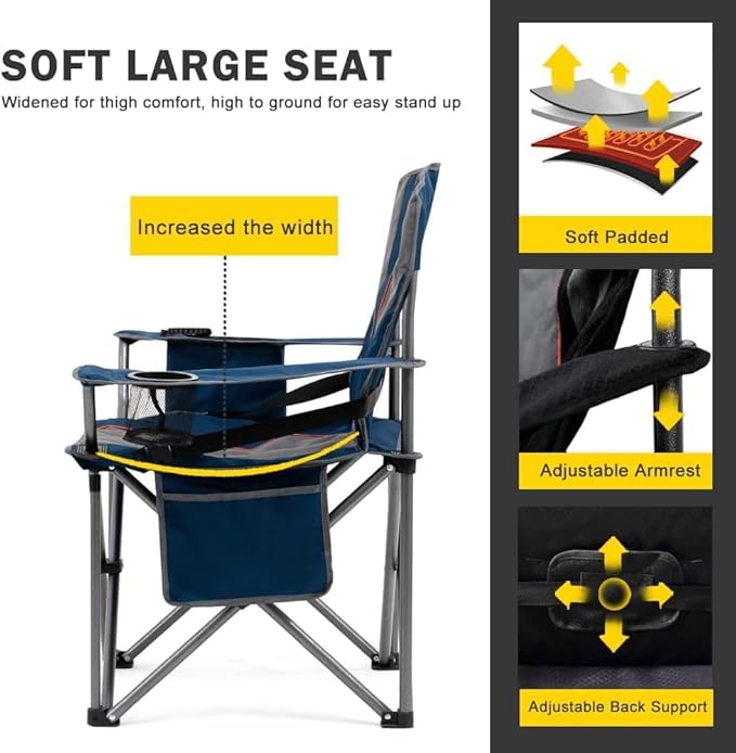 FAIR WIND 2 Pack Oversized Fully Padded Camping Chair with Lumbar Support, Heavy Duty Cooler Bag Fold Chair Support 450 LBS, Blue