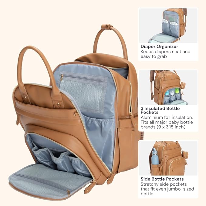 BabbleRoo Leather Diaper Bag Backpack - Baby Essentials Travel Baby Bag, Multi function, Water Resistant, with Changing Pad, Stroller Straps & Pacifier Case – Unisex, Light Brown