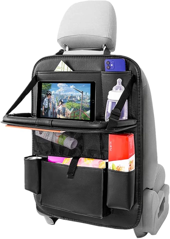 2PACK Leather Car Backseat Organizer with Tablet Holder - 9 Large Storage Pockets, Foldable Food Tray & Anti-Scratch Kick Mats - Universal Car Seat Protector for Kids, Pets & Travel Accessories