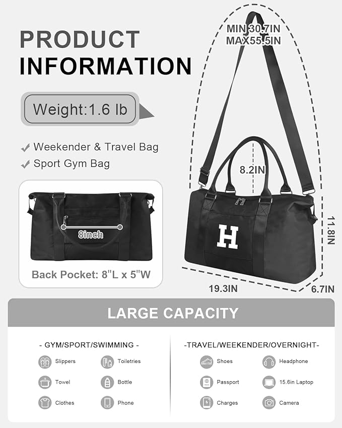 Initial Travel Duffel Bag Sports Gym Bag for Boys Teen Birthday Gifts,Black Personalized Weekender Bag Carry On Tote Bags for Men,Waterproof Overnight Luggage Bag Airplane Travel Essentials(Letter H)