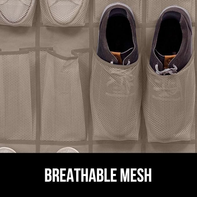 GORILLA GRIP Over the Door Shoe Organizer, 24 Large Breathable Mesh Pockets, Space Saving Hanging Storage Holder, Closet Rack Hanger Holds Up to 40 lbs, Hangs on Closets for Shoes, Accessories, Beige