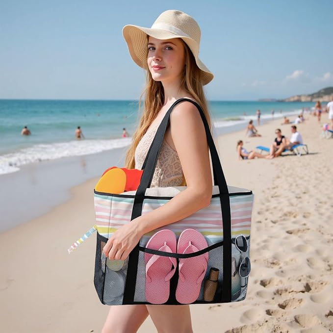 Sandproof Beach Bag with Zipper - 8-Pocket Waterproof Tote for Women & Family | Foldable Travel Swim Bag (Gift-Ready)